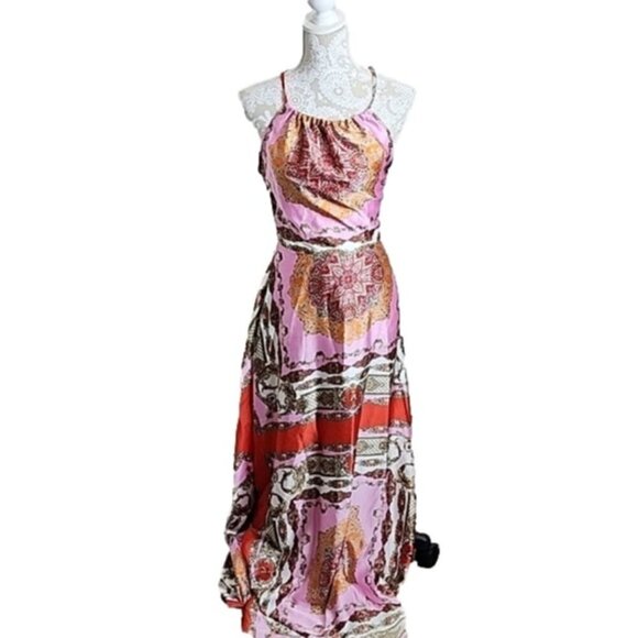 Aakaa Dress Maxi halter Multicolor Geometric Semi Sheer NWT Women's Small - Picture 1 of 6